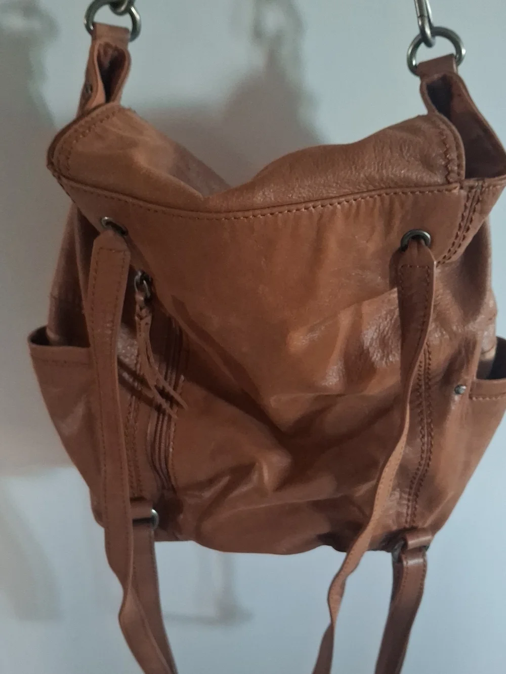 Women's Tan Leather Drawstring Backpack